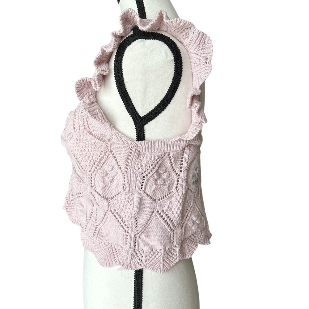 ZARA Pink‎ Embroidered Coquette Cottagecore Pointelle Knit Crop Top Ruffles - M - Picture 6 of 11